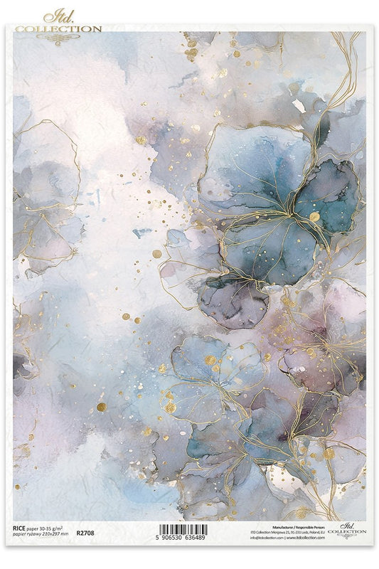 ITD Collection, Rice Paper, Watercolor Florals, Blue, Gold, Pastels, Flowers, Decoupage, Mixed Media, R2708, A4, 8.27x11.7