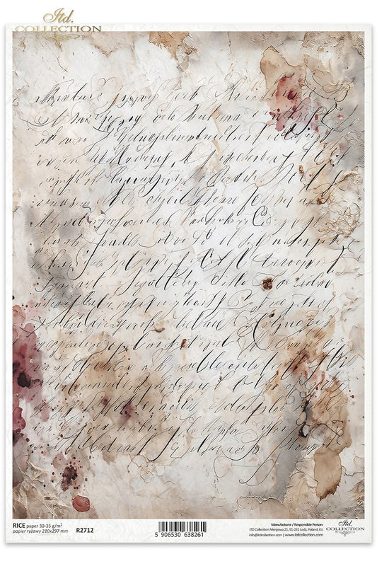 ITD Collection Rice Paper for Decoupage, Old Paper, Writing, Wallpaper, Background Theme, Grungy Texture, Background, Mixed Media, A4