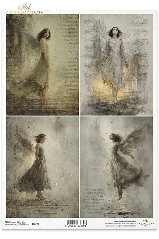 ITD Collection Rice Paper for Decoupage, Gothic Angels, Female Figures with Airy Dresses, Dark Vintage, Mixed Media, Scrapbooking, A4