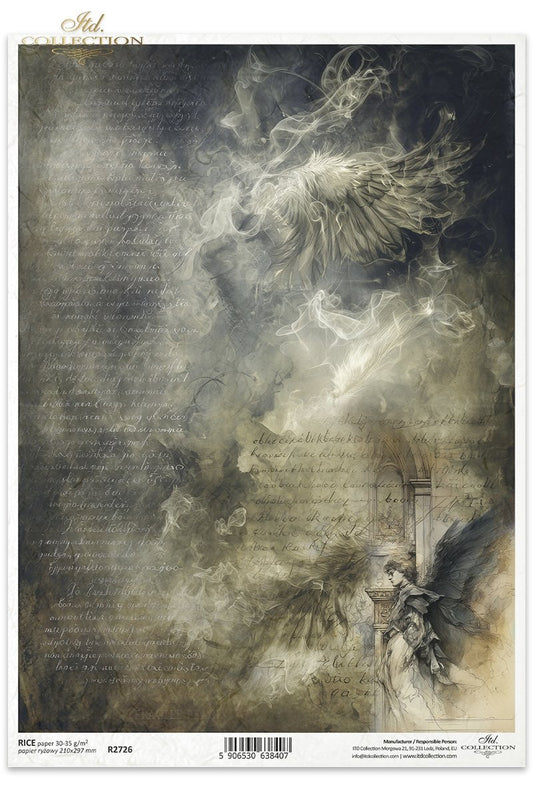 ITD Collection Rice Paper for Decoupage, Mysterious Gothic Angel, Ethereal Wings, Dark Vintage, Mixed Media, Scrapbooking, A4