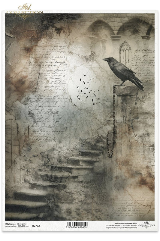 ITD Collection Rice Paper for Decoupage, Mysterious Gothic Ravens, Staircase, Dark Vintage, Mixed Media, Scrapbooking, A4