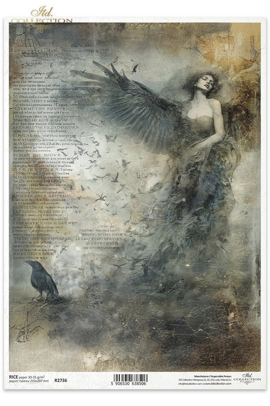 ITD Collection Rice Paper for Decoupage, Mysterious Gothic Angel, Ravens, Dark Vintage, Mixed Media, Scrapbooking, A4