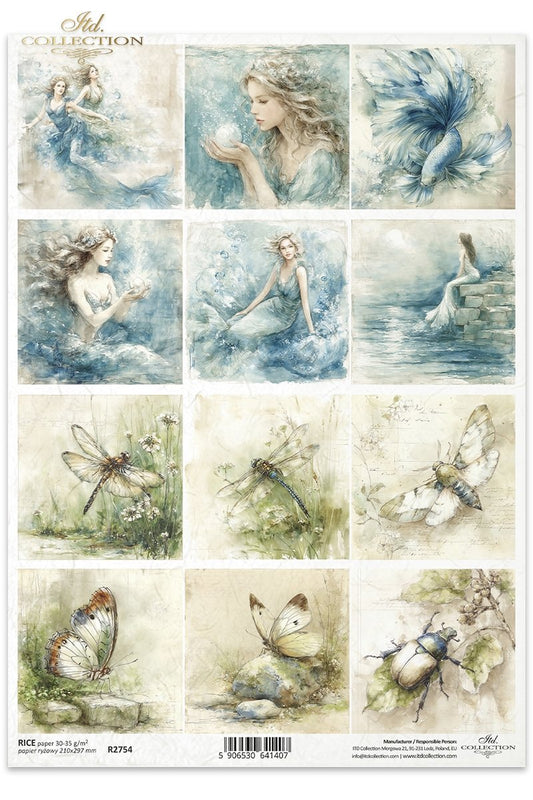 ITD Collection Rice Paper for Decoupage, Watercolor Fantasy Mermaids, Ocean, Butterfly, Insects, A4