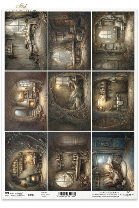 ITD Collection Rice Paper for Decoupage, Mouse House Interiors, Fairytale Scenes, Fireplaces,  Squares, Mouse World Collection, A4