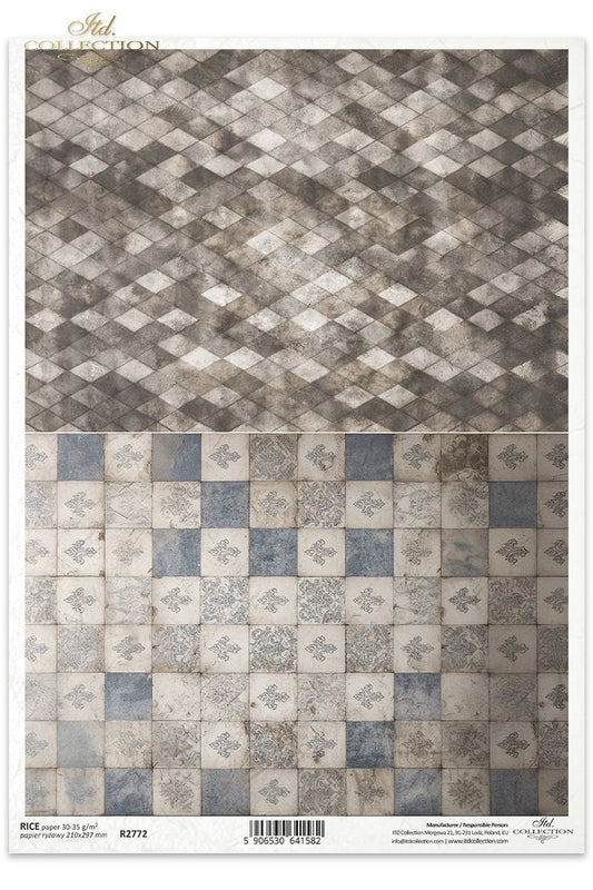 ITD Collection Rice Paper for Decoupage, Diamonds, Harlequin Geometric Pattern, Vintage, Grunge Texture, A4