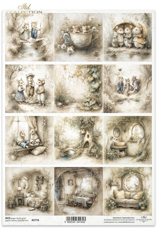 ITD Collection Rice Paper for Decoupage, Mice House, Nature Forest Squares, Mouse World Collection, Spring landscapes, A4