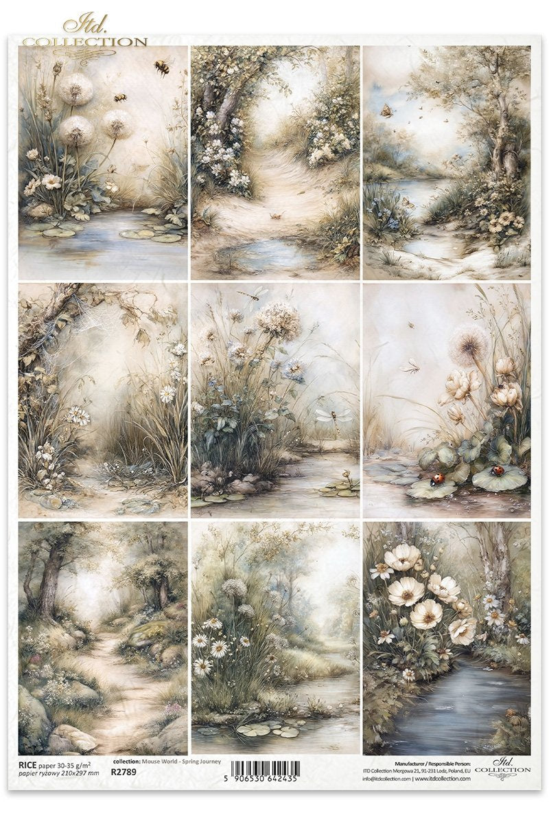 ITD Collection Rice Paper for Decoupage, Nature Forest Squares, Mouse World Collection, Spring landscapes, A4
