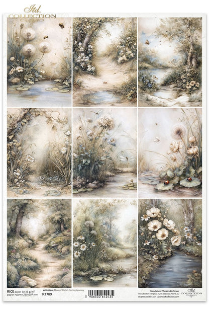 ITD Collection Rice Paper for Decoupage, Nature Forest Squares, Mouse World Collection, Spring landscapes, A4