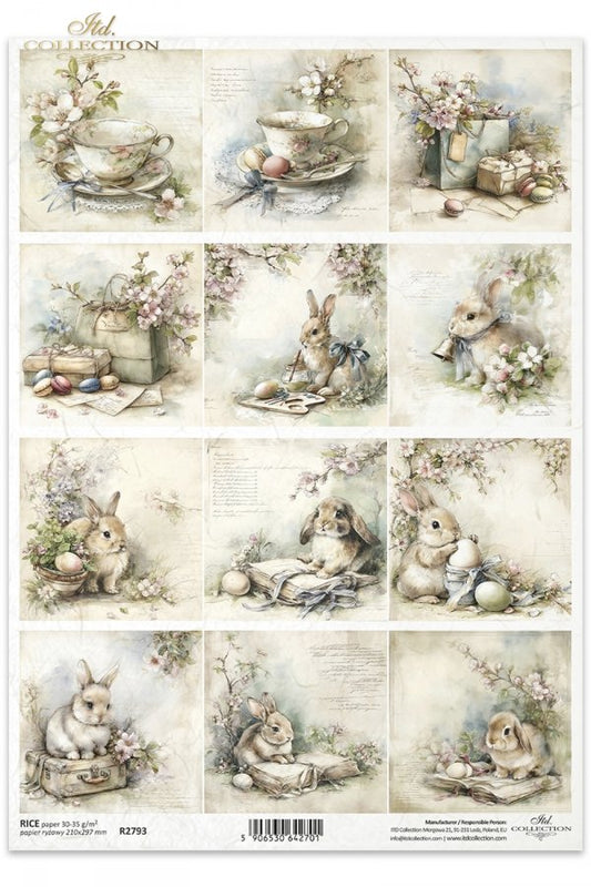 ITD Collection Rice Paper, Bunnies, Teacups, Florals and Eggs, Squares, Scrapbooking, Decoupage, Mixed Media, A4, 8.27x11.7