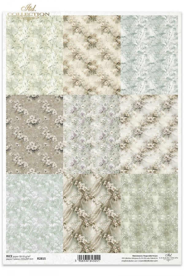 ITD Collection Rice Paper, Vintage Floral Backgrounds, Squares, Scrapbooking, Decoupage, Mixed Media, A4, 8.27x11.7