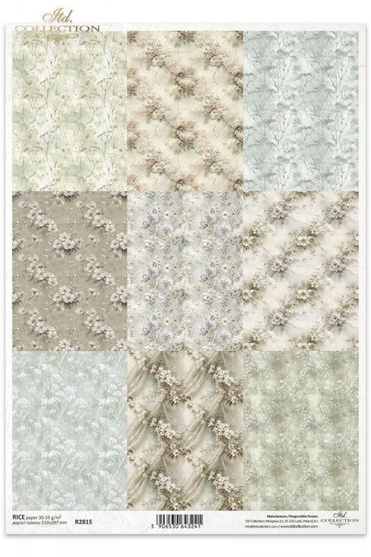 ITD Collection Rice Paper, Vintage Floral Backgrounds, Squares, Scrapbooking, Decoupage, Mixed Media, A4, 8.27x11.7
