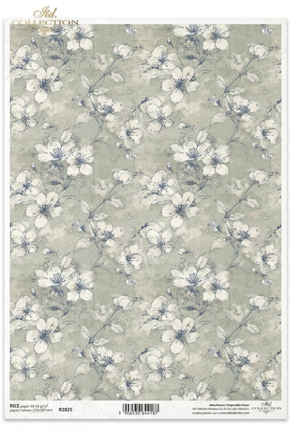 ITD Collection Rice Paper, Vintage Floral Backgrounds, Blue, White, Scrapbooking, Decoupage, Mixed Media, A4, 8.27x11.7