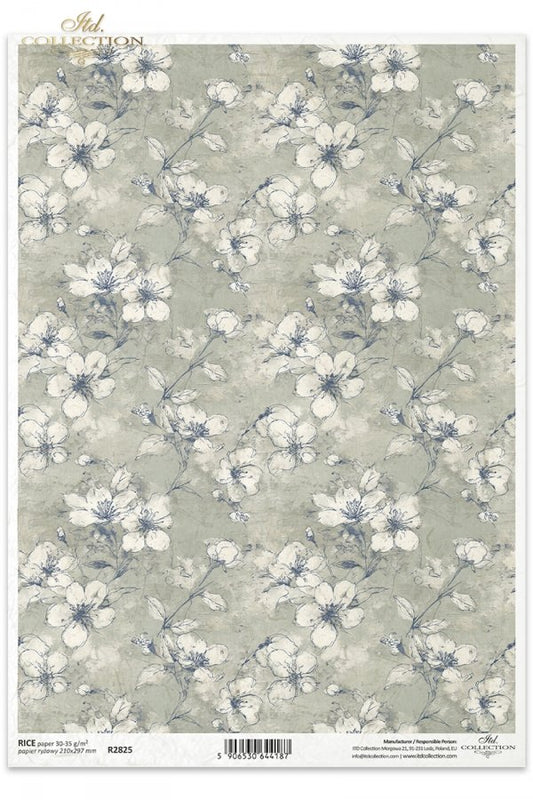ITD Collection Rice Paper, Vintage Floral Backgrounds, Blue, White, Scrapbooking, Decoupage, Mixed Media, A4, 8.27x11.7