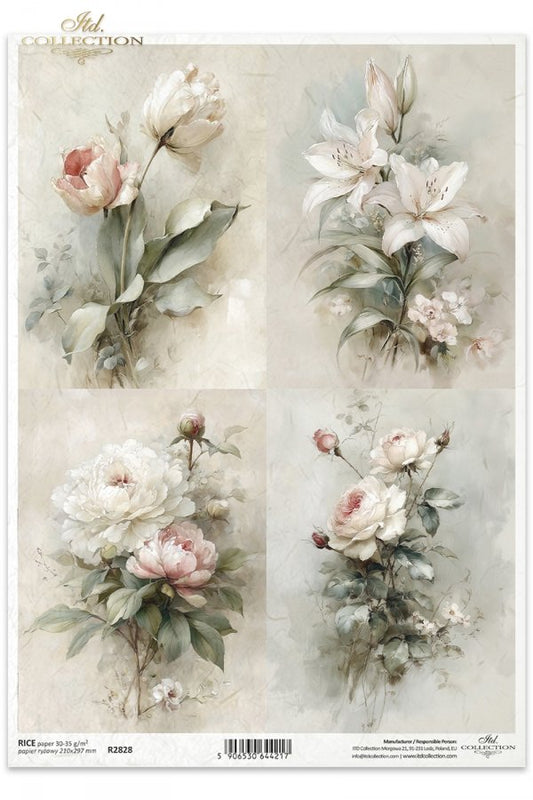 ITD Collection Rice Paper, Vintage Floral Bouquets, White Flowers, Scrapbooking, Decoupage, Mixed Media, A4, 8.27x11.7