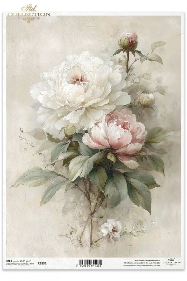 ITD Collection Rice Paper, Vintage Floral Bouquet, White Flowers, Scrapbooking, Decoupage, Mixed Media, A4, 8.27x11.7