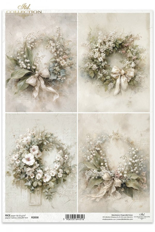 ITD Collection Rice Paper, Vintage Floral Wreaths, Squares, Scrapbooking, Decoupage, Mixed Media, A4, 8.27x11.7