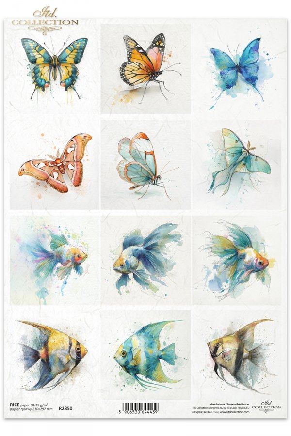 ITD Collection Rice Paper, Watercolor Butterflies, Fish, Mini Squares, Scrapbooking, Decoupage, Mixed Media, A4, 8.27x11.7