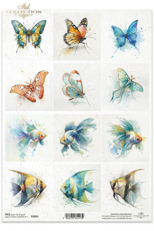 ITD Collection Rice Paper, Watercolor Butterflies, Fish, Mini Squares, Scrapbooking, Decoupage, Mixed Media, A4, 8.27x11.7