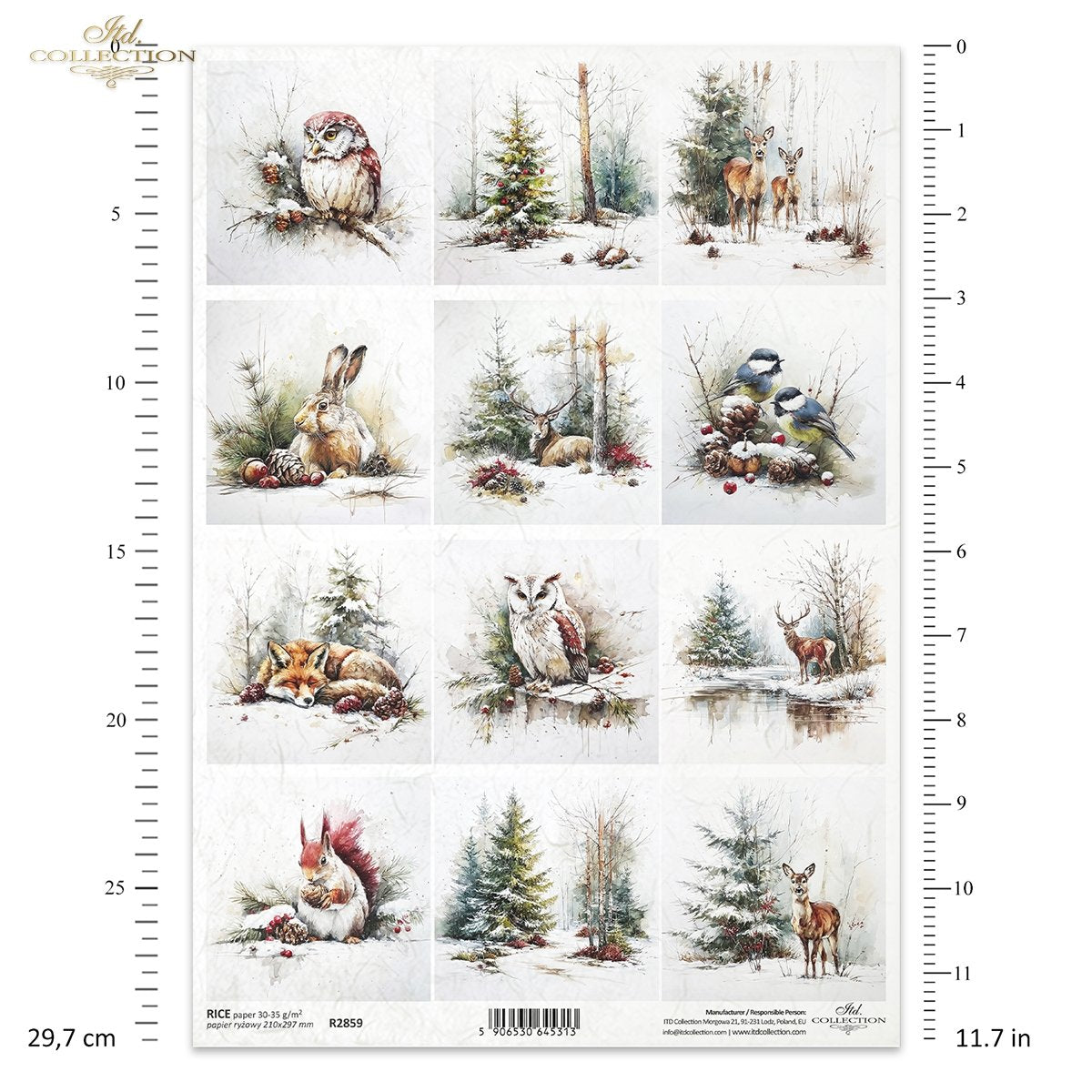 ITD Collection Rice Paper, Christmas Winter Forest Animals, Squares, Decoupage, Mixed Media,  A4 8.27x11.7