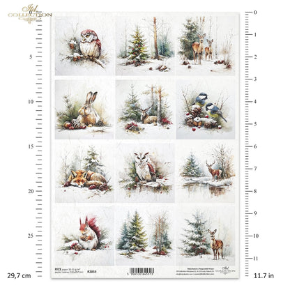 ITD Collection Rice Paper, Christmas Winter Forest Animals, Squares, Decoupage, Mixed Media,  A4 8.27x11.7