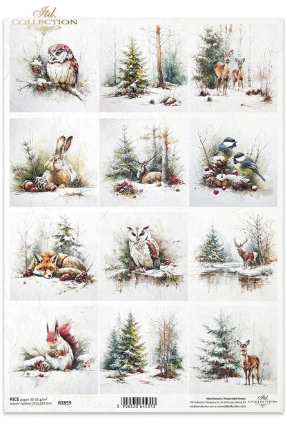 ITD Collection Rice Paper, Christmas Winter Forest Animals, Squares, Decoupage, Mixed Media,  A4 8.27x11.7