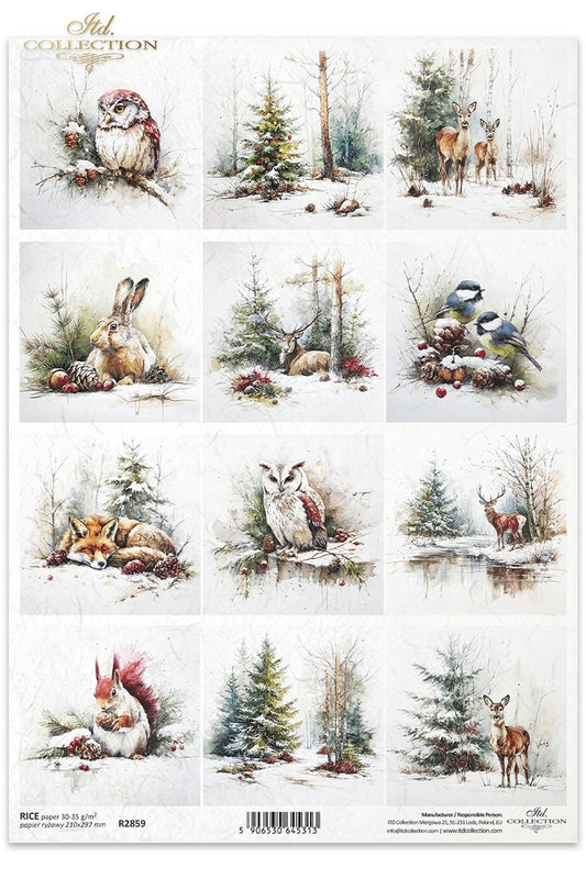 ITD Collection Rice Paper, Christmas Winter Forest Animals, Squares, Decoupage, Mixed Media,  A4 8.27x11.7