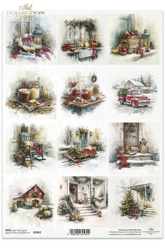 ITD Collection Rice Paper, Christmas Themed Holiday Decorations, Winter, Squares, Decoupage, Mixed Media,  A4 8.27x11.7