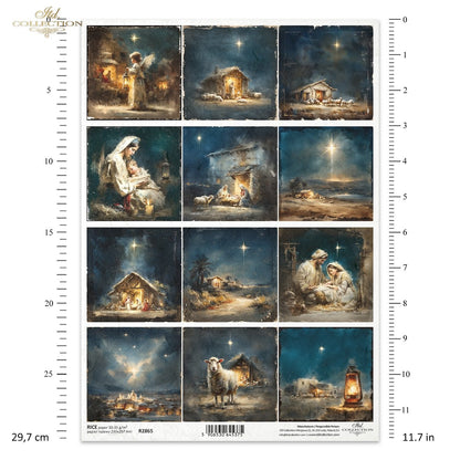 ITD Collection Rice Paper, Christmas Nativity, Holy Family, Angel, Bethlehem Star, Squares, Decoupage, Mixed Media,  A4 8.27x11.7