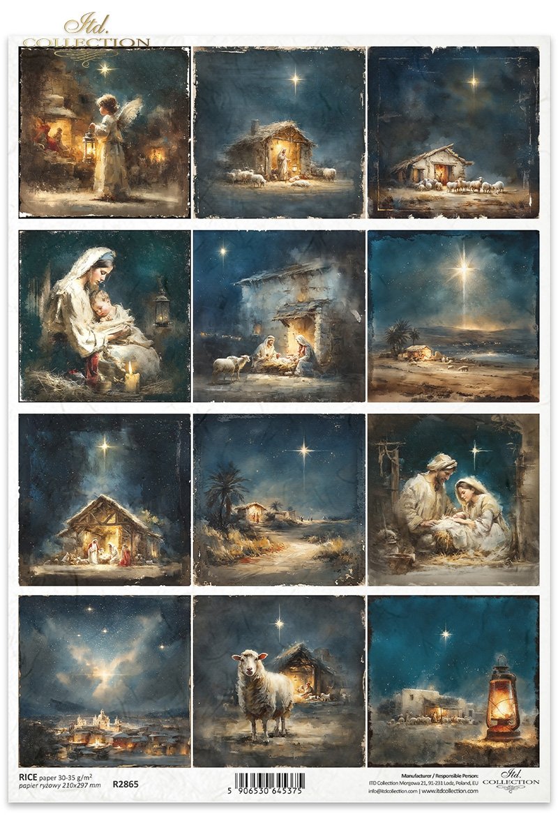 ITD Collection Rice Paper, Christmas Nativity, Holy Family, Angel, Bethlehem Star, Squares, Decoupage, Mixed Media,  A4 8.27x11.7