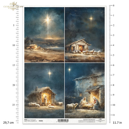 ITD Collection Rice Paper, Christmas Nativity Holy Family, Bethlehem Star, Stable, Sheep, Decoupage, Mixed Media,  A4 8.27x11.7