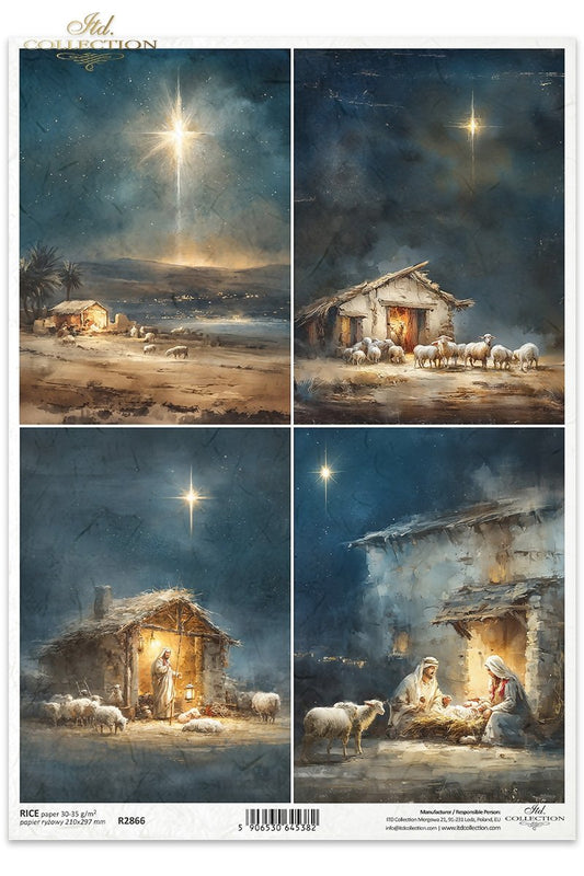 ITD Collection Rice Paper, Christmas Nativity Holy Family, Bethlehem Star, Stable, Sheep, Decoupage, Mixed Media,  A4 8.27x11.7