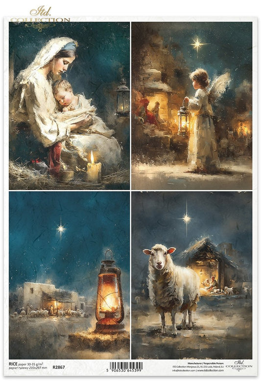 ITD Collection Rice Paper, Christmas Nativity, Mary and Jesus, Angel, Sheep, Bethlehem Star, Decoupage, Mixed Media,  A4 8.27x11.7