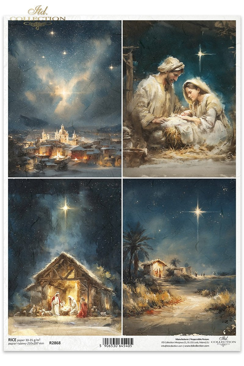 ITD Collection Rice Paper, Christmas Nativity Holy Family, Bethlehem Star, Decoupage, Mixed Media,  A4 8.27x11.7