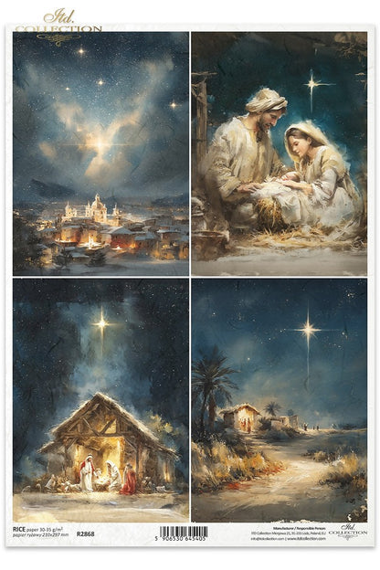 ITD Collection Rice Paper, Christmas Nativity Holy Family, Bethlehem Star, Decoupage, Mixed Media,  A4 8.27x11.7