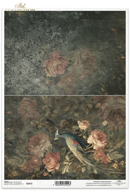 ITD Collection Rice Paper, Peacock, Tropical Botanicals, Peonies, Decoupage, Mixed Media,  A4 8.27x11.7