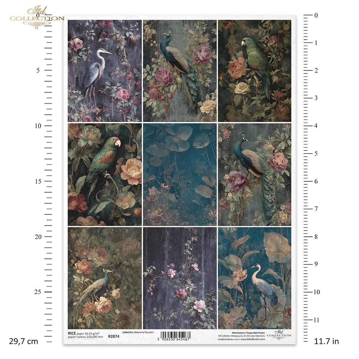 ITD Collection Rice Paper, Peacock, Heron, Tropical Botanicals, Squares, Decoupage, Mixed Media,  A4 8.27x11.7