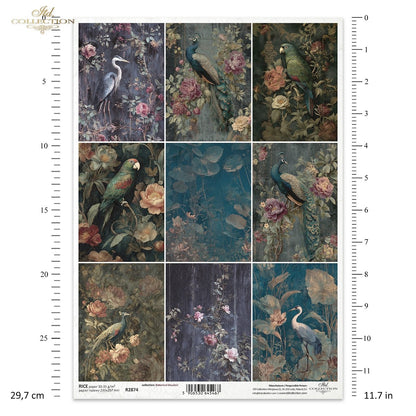 ITD Collection Rice Paper, Peacock, Heron, Tropical Botanicals, Squares, Decoupage, Mixed Media,  A4 8.27x11.7