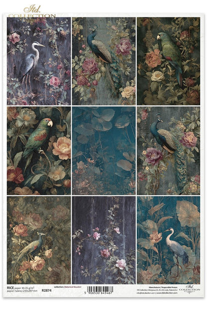 ITD Collection Rice Paper, Peacock, Heron, Tropical Botanicals, Squares, Decoupage, Mixed Media,  A4 8.27x11.7