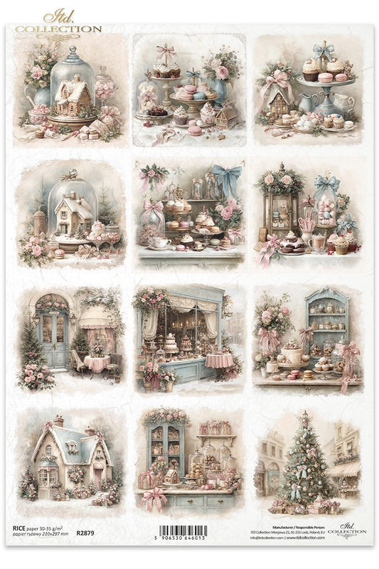 ITD Collection Rice Paper, Christmas Treats, Holiday Cakes, Squares, Tags, Shabby Chic, Decoupage, Mixed Media, A4, 8.27x11.7