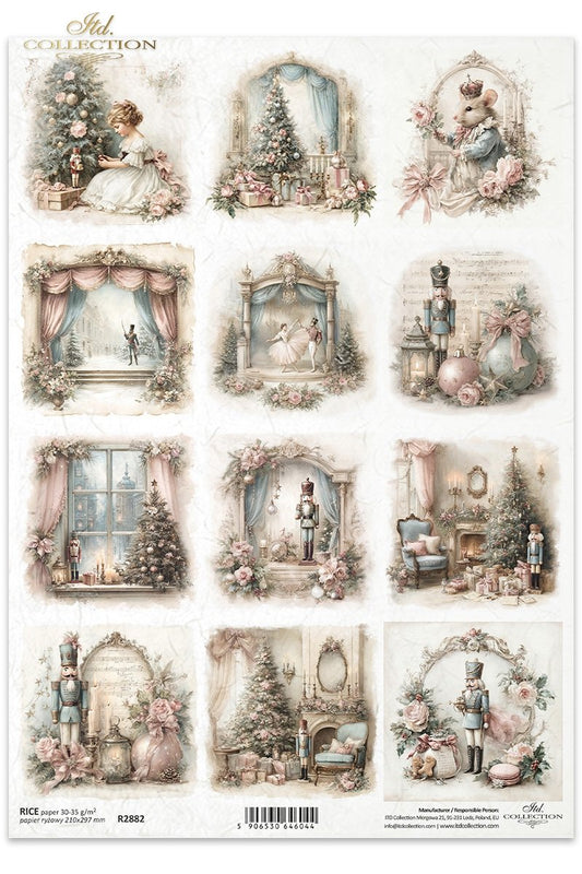 ITD Collection Rice Paper, Christmas Winter Scenes, Squares, Tags, Shabby Chic, Decoupage, Mixed Media, A4, 8.27x11.7