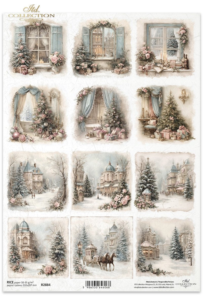 ITD Collection Rice Paper, Christmas Winter Scenes, Squares, Tags, Shabby Chic, Decoupage, Mixed Media, R2669, A4, 8.27x11.7