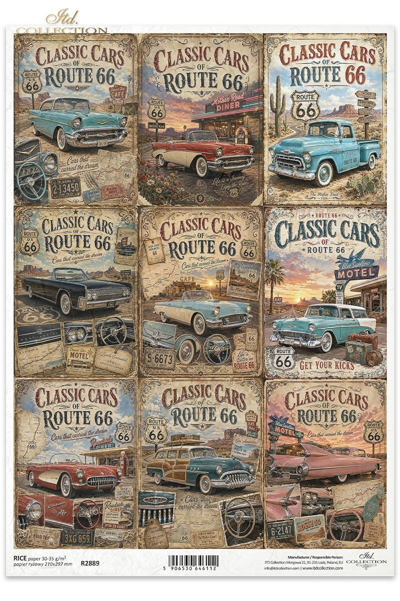 ITD Collection, Rice Paper, Old Classic Vintage Cars, Squares, Tags, Decoupage, Mixed Media, 2 1/2” squares, A4, 8.27x11.7