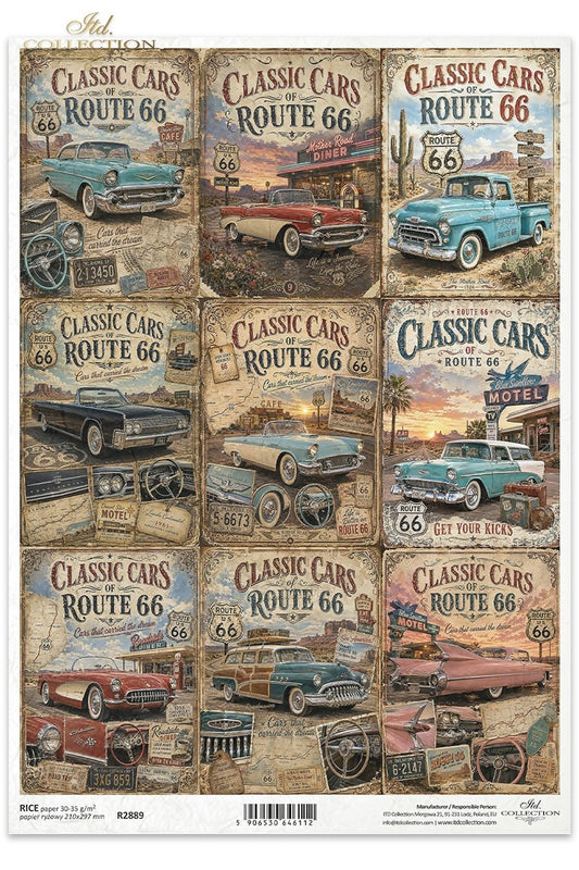 ITD Collection, Rice Paper, Old Classic Vintage Cars, Squares, Tags, Decoupage, Mixed Media, 2 1/2” squares, A4, 8.27x11.7