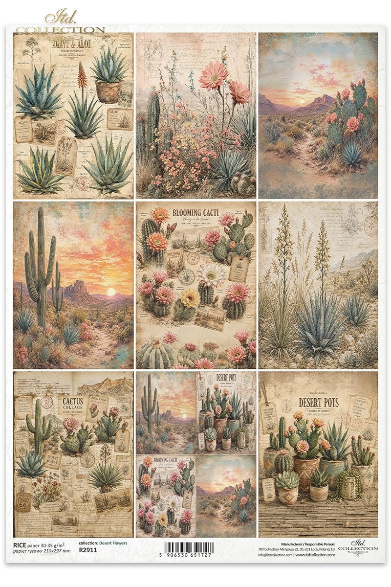 ITD Collection, Rice Paper, Southwest Desert Landscapes, Cactus, Squares, Tags, Decoupage, Mixed Media, 2 1/2” squares, A4, 8.27x11.7