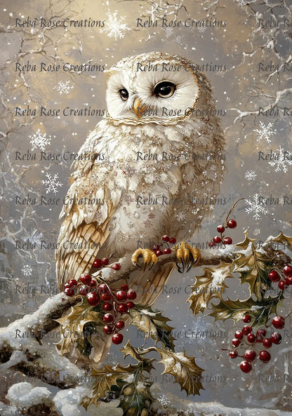 Reba Rose Creations, Rice Paper for Decoupage, Christmas, Owl, Snowflakes, Snow, Shabby Chic, 1346, A4, 8.27 X 11.6 Reba Rose