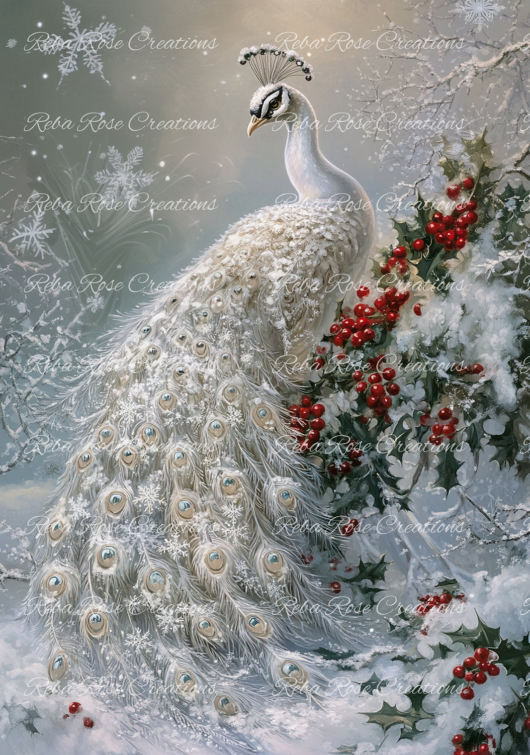 Reba Rose Creations, Rice Paper for Decoupage, Christmas, Peacock, Holly Berries, Snow, Shabby Chic, Mixed Media, 1372, A4, 8.27 X 11.6
