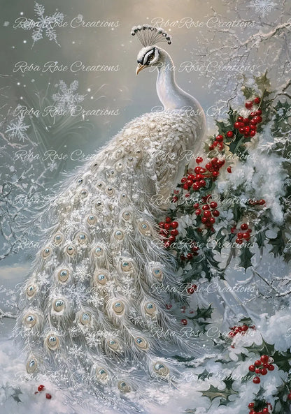 Reba Rose Creations, Rice Paper for Decoupage, Christmas, Peacock, Holly Berries, Snow, Shabby Chic, Mixed Media, 1372, A4, 8.27 X 11.6 Reba Rose