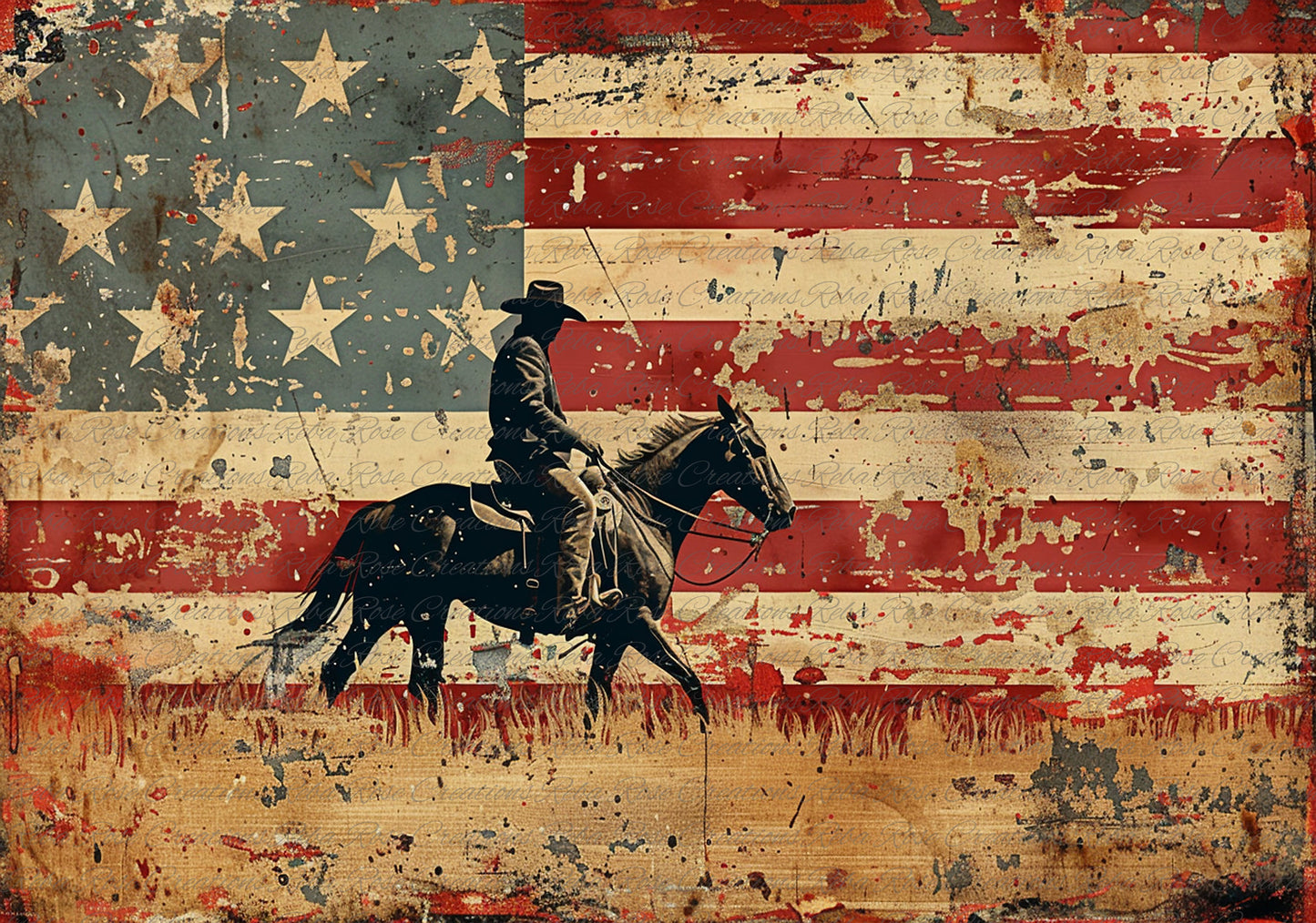 Reba Rose Creations, Rice Paper for Decoupage, Mixed Media, American Flag, Cowboy, Vintage, Patriotic, A4 8.27 X 11.6