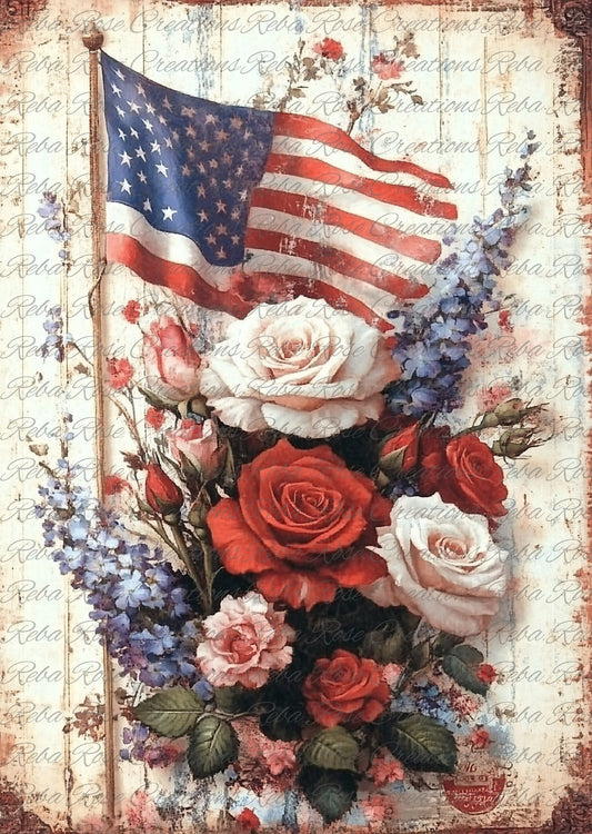 Reba Rose Creations, Rice Paper for Decoupage, Mixed Media, American Flag, Roses Bouquet, Memorial Day, Memory, Patriotic
