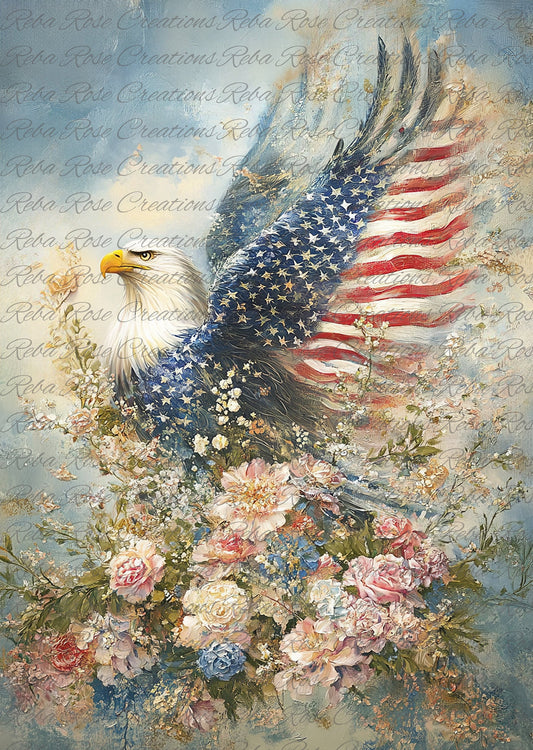 Reba Rose Creations, Rice Paper for Decoupage, Mixed Media, Eagle, Roses, American Flag, Patriotic, Wings of Freedom